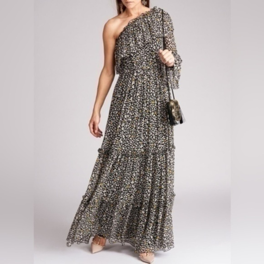 MSGM Black Silk Star Pattern One Shoulder Ruffle Maxi Dress Size 46